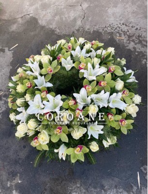 Aranjament funerar Trandafiri, Crini si Orhidee